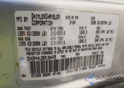 2005 Dodge Grand Caravan Sxt из США, поврежденный, VIN 2D4GP44L55R134475